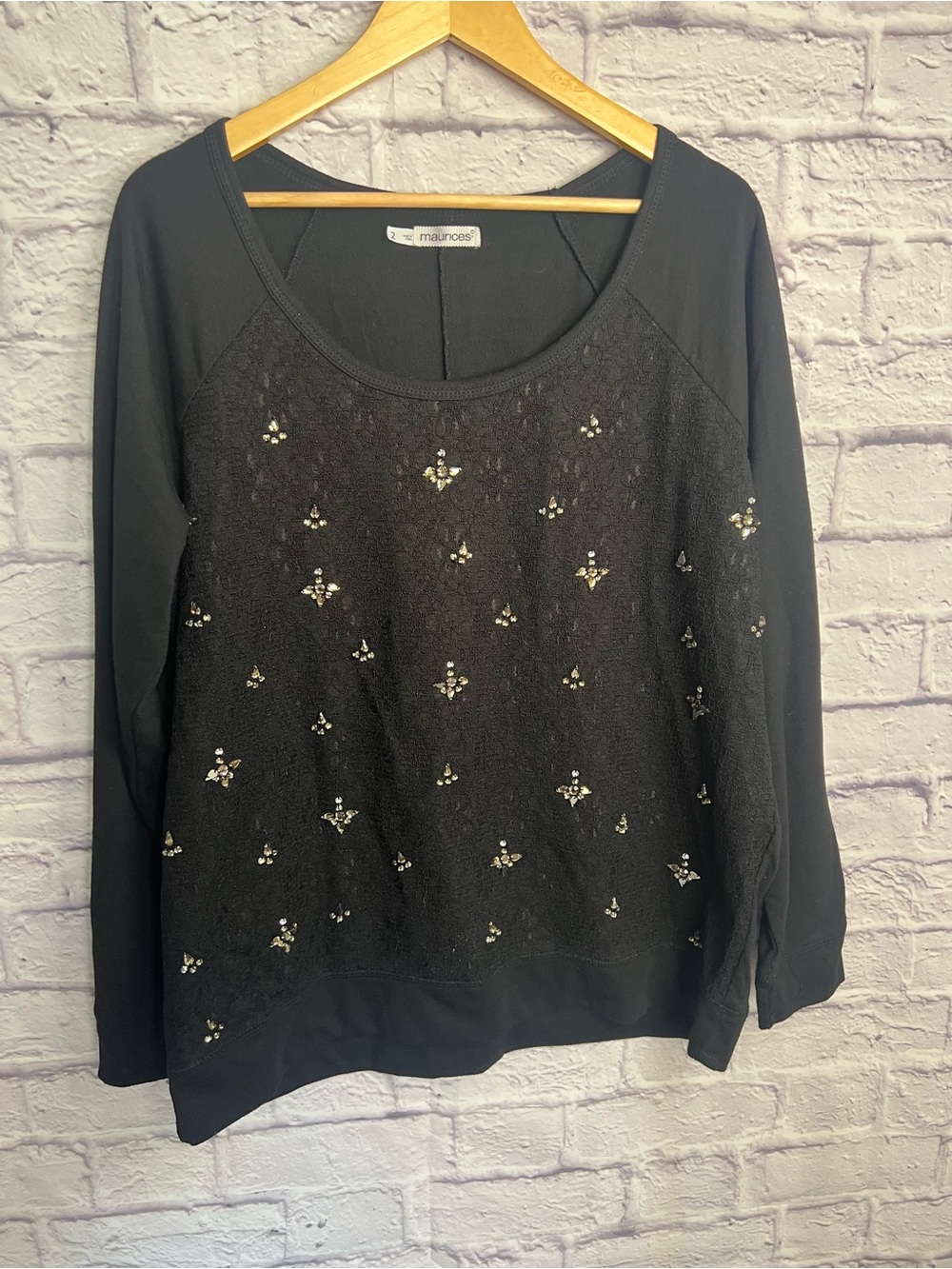 Maurices Black Embellished Lace Front Long Sleeve Top – Plus Size 2 (2X)